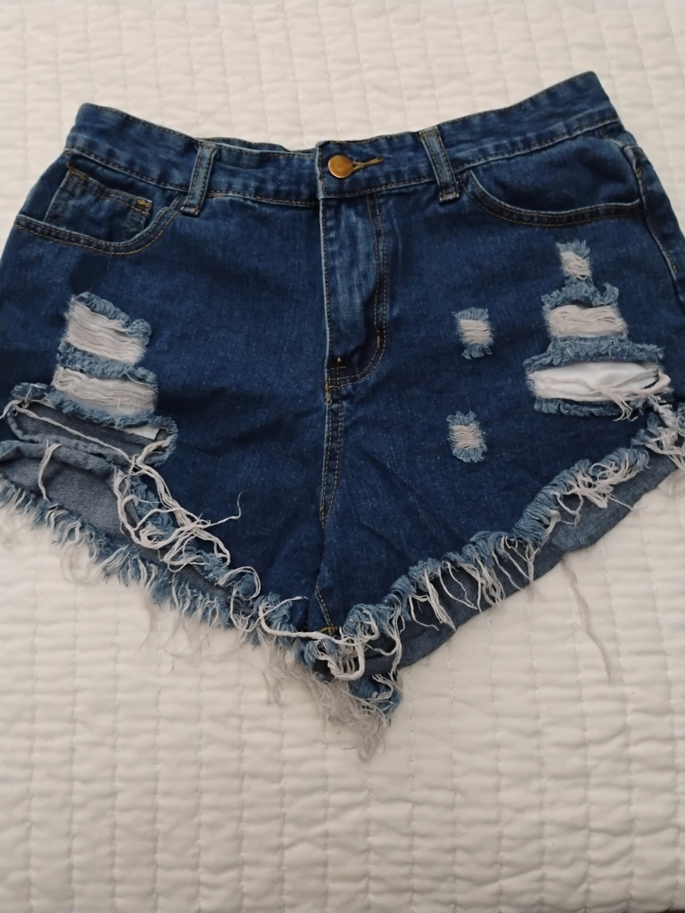 SHEIN Dark Blue Distressed Frayed Hem Denim Shorts